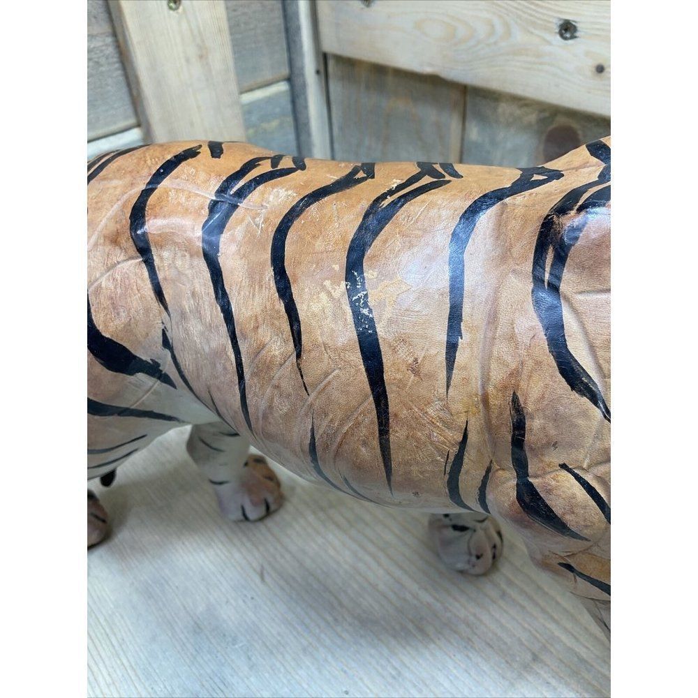 VINTAGE Leather Wrapped Tiger Sculpture Glass Eyes Jungle Safari Figurine Rare - Picture 4 of 11